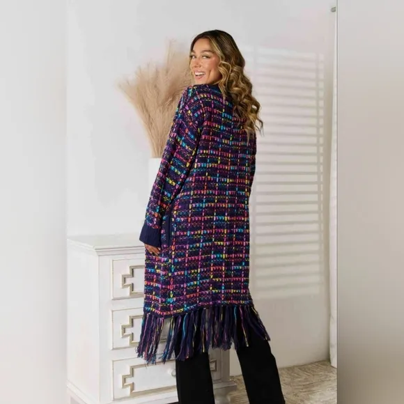 Bold Retro Knit Colorful Fringe Hem Longline Duster Sweater Pocket Cardigan