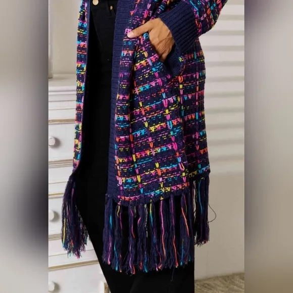 Bold Retro Knit Colorful Fringe Hem Longline Duster Sweater Pocket Cardigan
