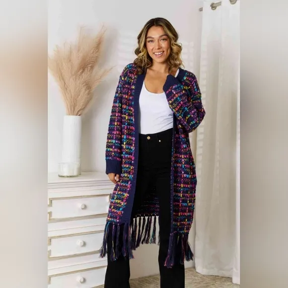 Bold Retro Knit Colorful Fringe Hem Longline Duster Sweater Pocket Cardigan