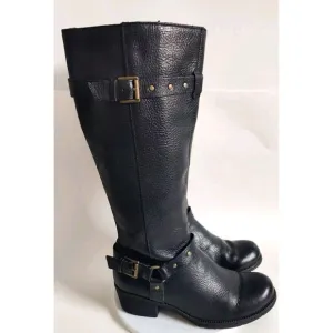 Born Boc Boots 7M Knee High Tall Riding Black Leather Harness Straps Buckles