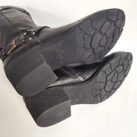 Born Boc Boots 7M Knee High Tall Riding Black Leather Harness Straps Buckles