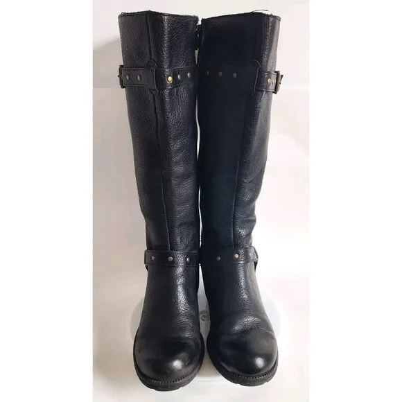 Born Boc Boots 7M Knee High Tall Riding Black Leather Harness Straps Buckles