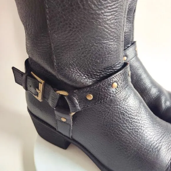 Born Boc Boots 7M Knee High Tall Riding Black Leather Harness Straps Buckles