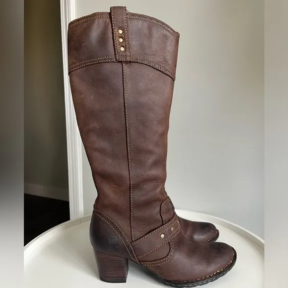 BORN Brown Leather Studs Western Boho Tall Boots Size 38/7