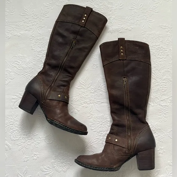BORN Brown Leather Studs Western Boho Tall Boots Size 38/7