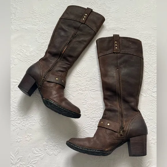 BORN Brown Leather Studs Western Boho Tall Boots Size 38/7