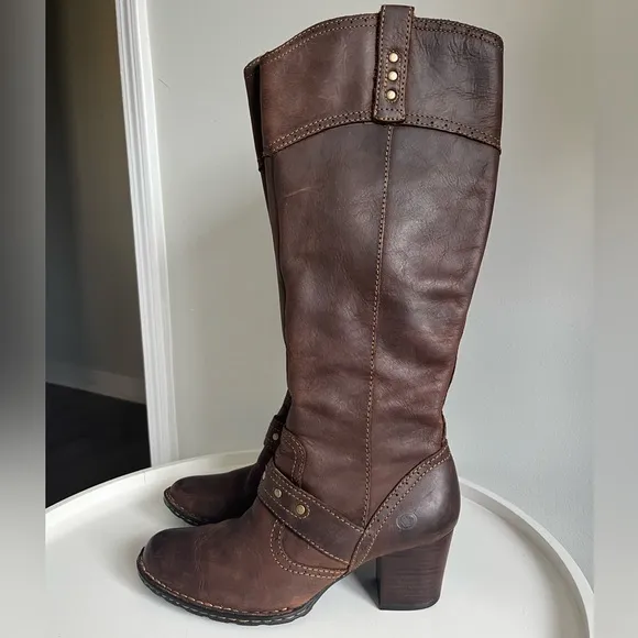 BORN Brown Leather Studs Western Boho Tall Boots Size 38/7
