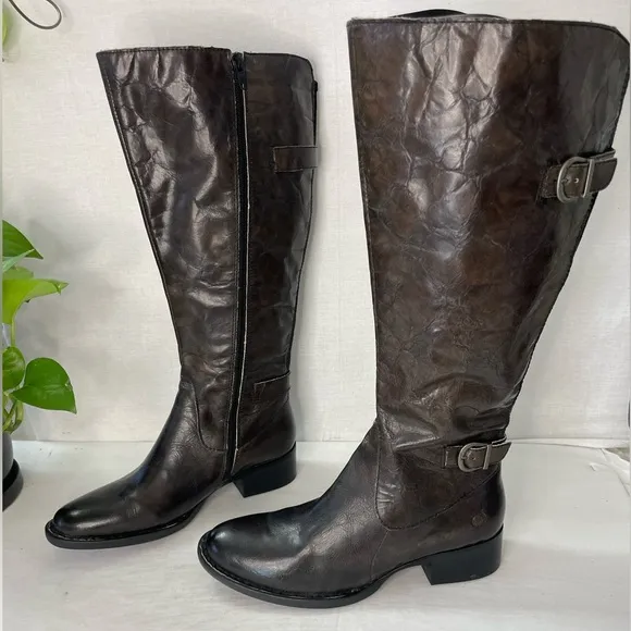 Born Gibb Knee High Leather Riding‎ Boots Dark Brown wide calf
