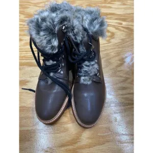 Botkier Winter Boots Women's Size 7.5 Brown Leather Fur Cuff Lace Up Ankle S25