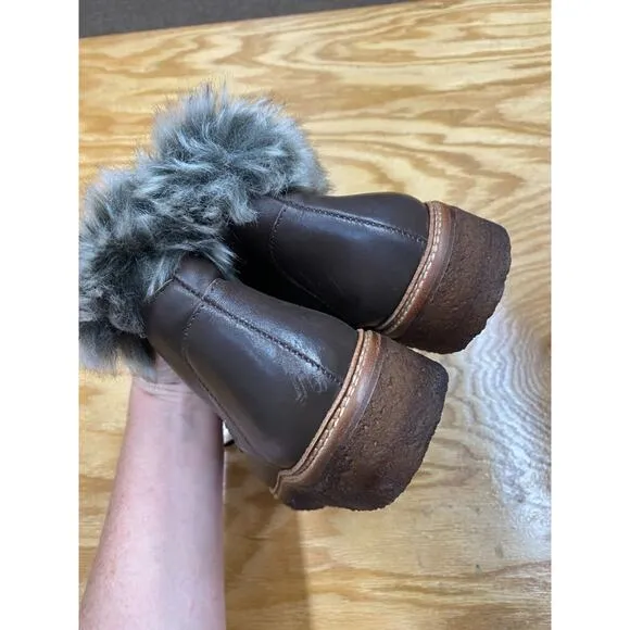 Botkier Winter Boots Women's Size 7.5 Brown Leather Fur Cuff Lace Up Ankle S25