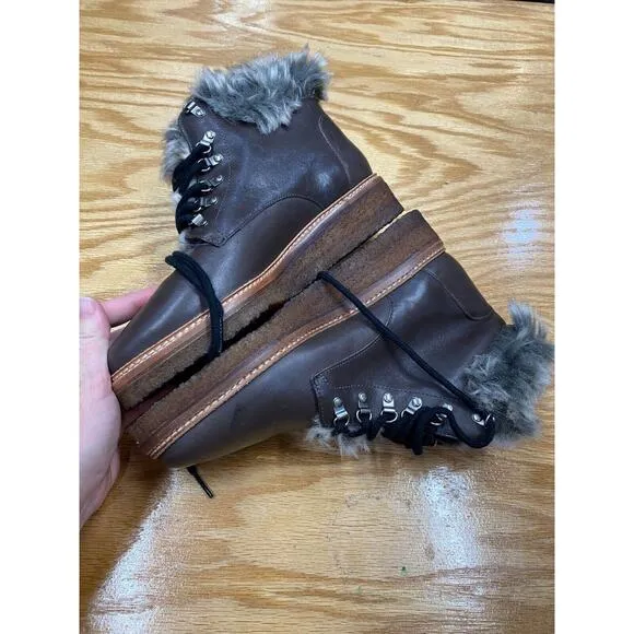 Botkier Winter Boots Women's Size 7.5 Brown Leather Fur Cuff Lace Up Ankle S25