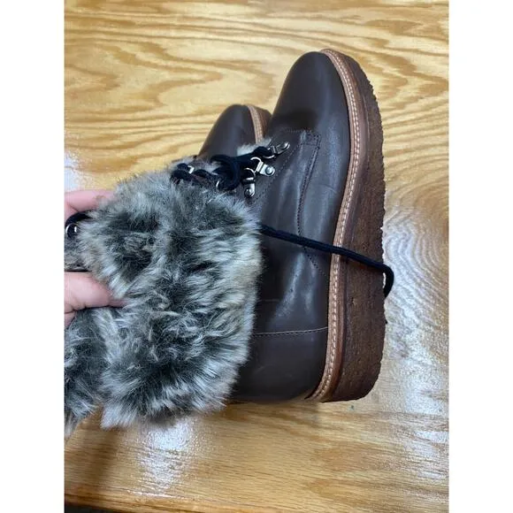 Botkier Winter Boots Women's Size 7.5 Brown Leather Fur Cuff Lace Up Ankle S25