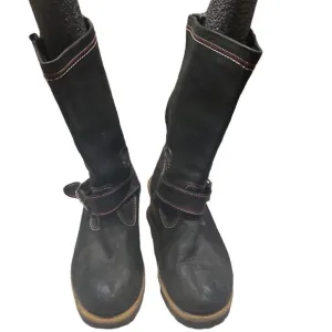 Bronx Black Distressed Leather 2-Buckle Biker Boots, US Size 10