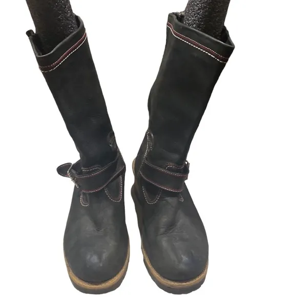 Bronx Black Distressed Leather 2-Buckle Biker Boots, US Size 10