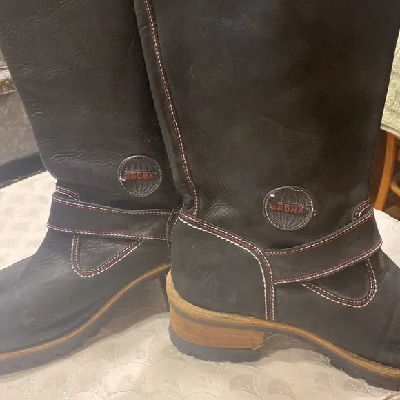 Bronx Black Distressed Leather 2-Buckle Biker Boots, US Size 10