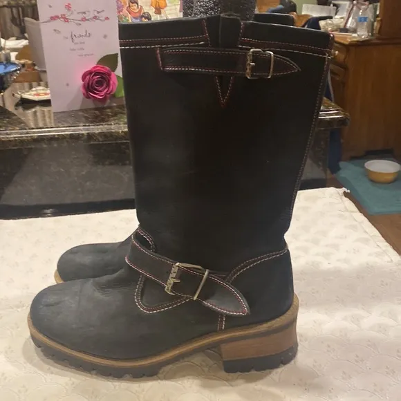 Bronx Black Distressed Leather 2-Buckle Biker Boots, US Size 10