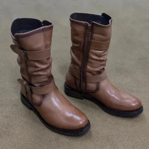 Brown Leather Buckle Boots