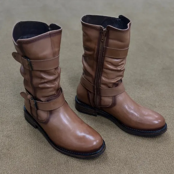 Brown Leather Buckle Boots