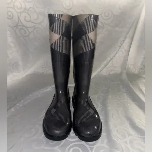Burberry Black and Gray Winter Rain Boots with Argyle Design
