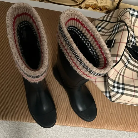 Burberry Knit Too Black and Cream Winter Rain Boots