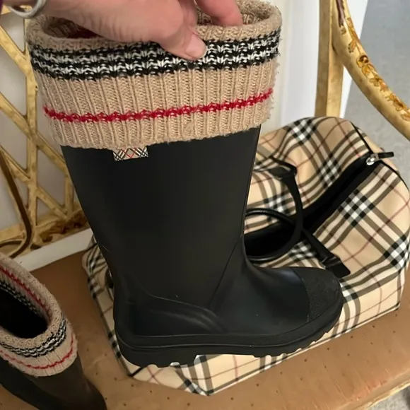 Burberry Knit Too Black and Cream Winter Rain Boots