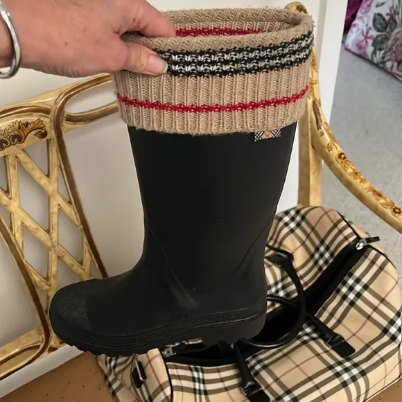 Burberry Knit Too Black and Cream Winter Rain Boots