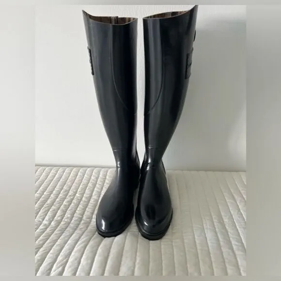 Burberry black burnham equestrian tall rain boots size 8.