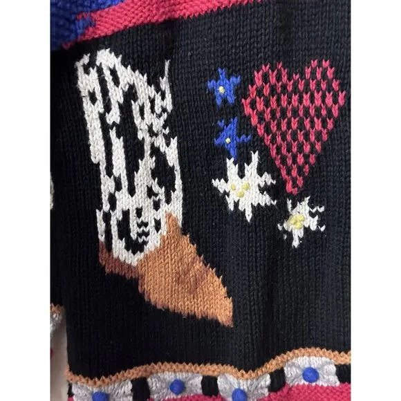 Cardigan Bay Sweater Cowboy Boot Hand Knitted Small button front vtg equestrian
