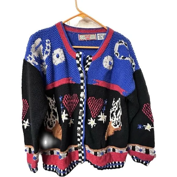 Cardigan Bay Sweater Cowboy Boot Hand Knitted Small button front vtg equestrian