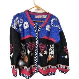 Cardigan Bay Sweater Cowboy Boot Hand Knitted Small button front vtg equestrian