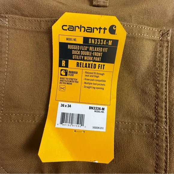 Carhartt Duck Double Front Relaxed Fit Rugged Flex Utility Work Pants NWT 36X34