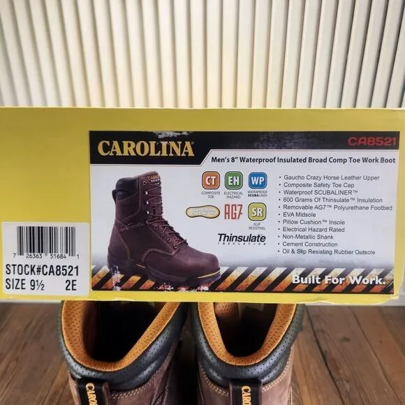 Carolina 8&quot; Waterproof Insulated Broad Comp Toe Work Boots CA8521 Mens Sz 9.5 EE