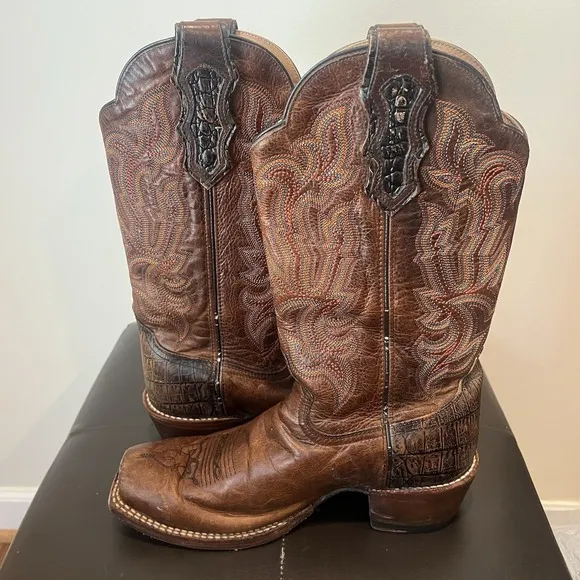 CATTLE BARON BROWN LEATHER SQUARE TOE COWBOY BOOTS #DH5444 8D MADE IN MEXICO