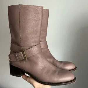 Chloe leather buckle mid-calf ankle boots booties mauve taupe latte light purple