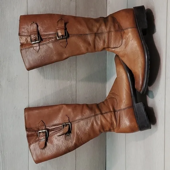 Clarks Women Tamro Spice Tan Leather Tall Riding Moto boots shoes sz 9M