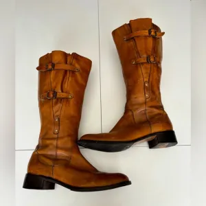 Club Nico Brown Leather Moto Boots With Gold Hardware Size 8M