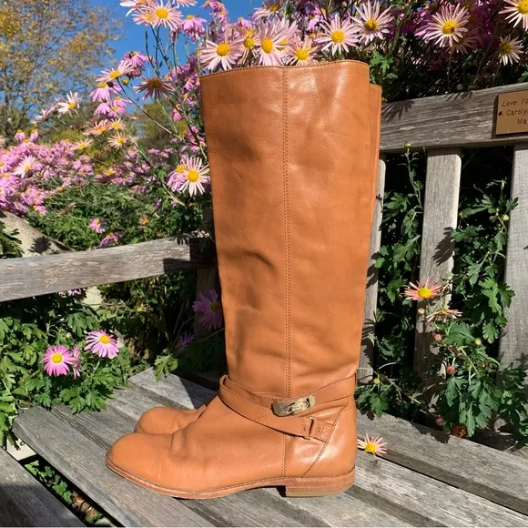 Coach Christine Semi Matte Caramel Leather Gold Buckle Tall Riding Boot 10B
