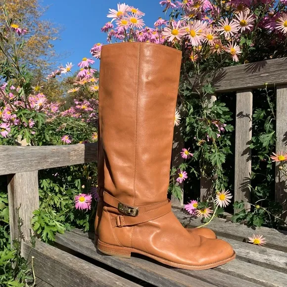Coach Christine Semi Matte Caramel Leather Gold Buckle Tall Riding Boot 10B