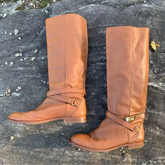 Coach Christine Semi Matte Caramel Leather Gold Buckle Tall Riding Boot 10B