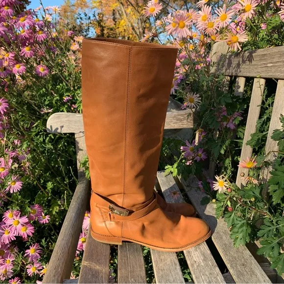 Coach Christine Semi Matte Caramel Leather Gold Buckle Tall Riding Boot 10B