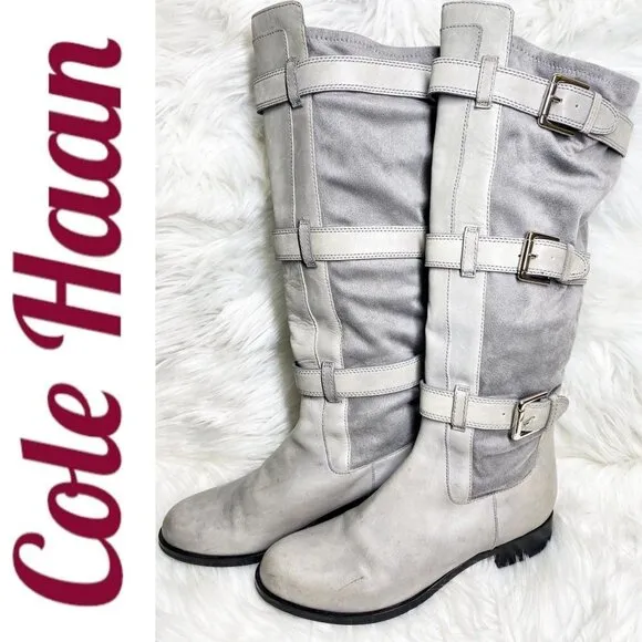 COLE HAAN Avalon Tall Leather 3-Buckle Stretch Panel Flat Boots Gray, Size 7.5