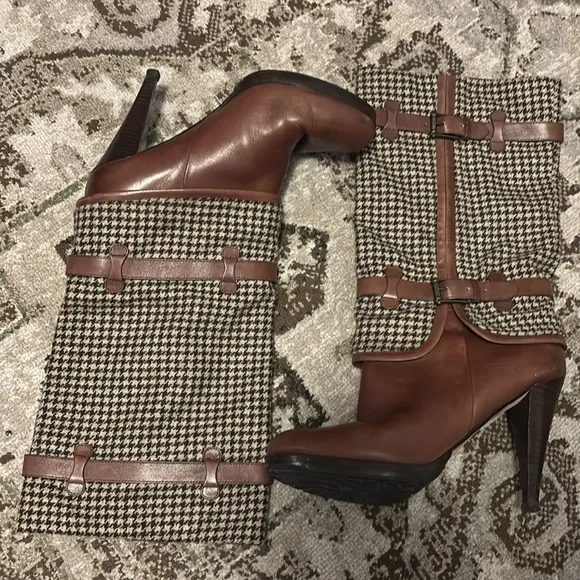 Cole Haan brown houndstooth leather high heel boots fall winter style