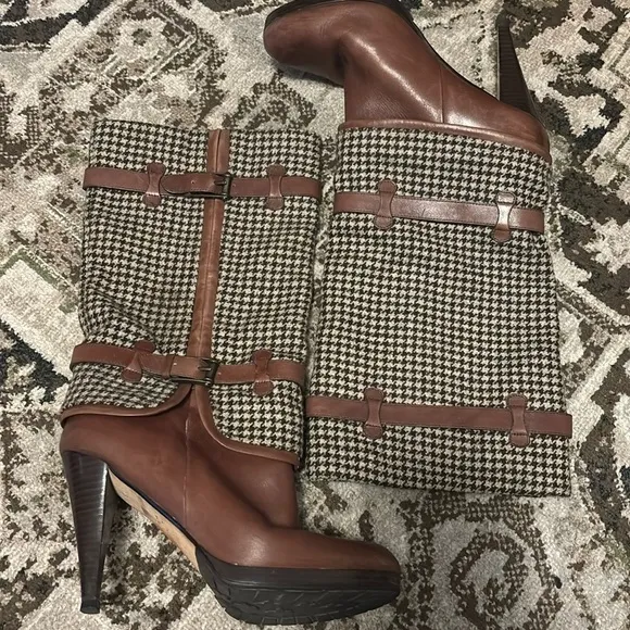 Cole Haan brown houndstooth leather high heel boots fall winter style