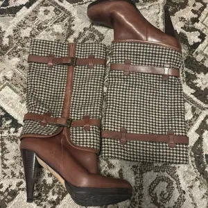 Cole Haan brown houndstooth leather high heel boots fall winter style
