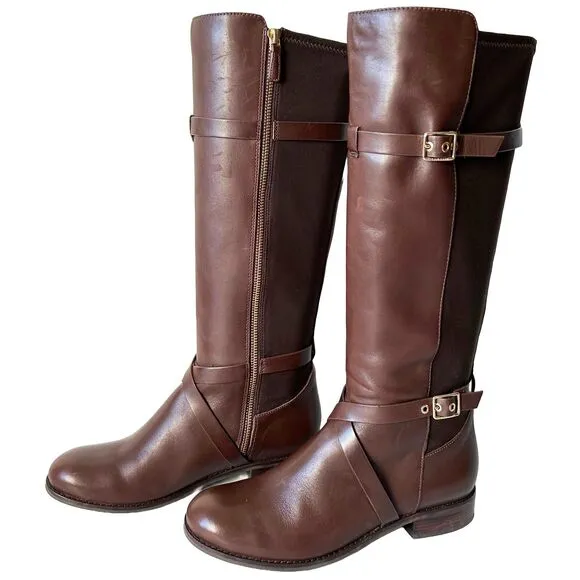 Cole Haan Knee High Riding Boots Brown Leather &amp; Fabric Panel - Women's 7.5B