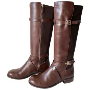 Cole Haan Knee High Riding Boots Brown Leather &amp; Fabric Panel - Women's 7.5B