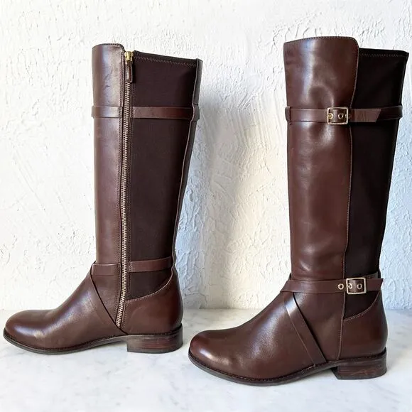 Cole Haan Knee High Riding Boots Brown Leather &amp; Fabric Panel - Women's 7.5B