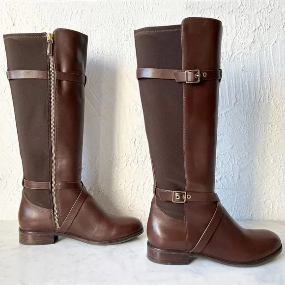 Cole Haan Knee High Riding Boots Brown Leather &amp; Fabric Panel - Women's 7.5B