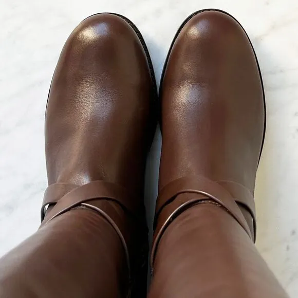 Cole Haan Knee High Riding Boots Brown Leather &amp; Fabric Panel - Women's 7.5B