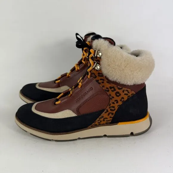 Cole Haan Zerogrand Boots Women's 7 Brown Leopard Lace Up Ankle Booties W22528